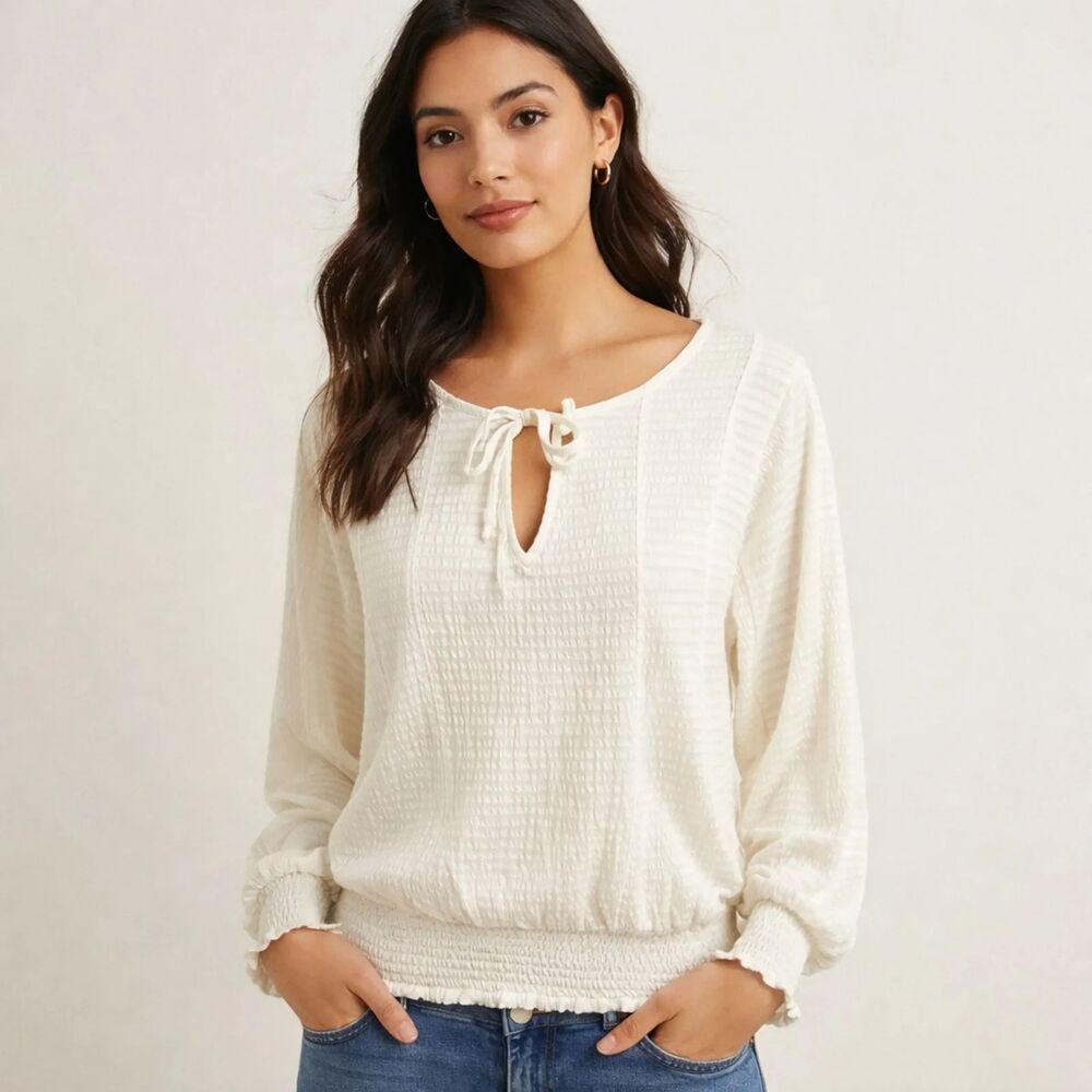 Anthropologie Womens XS Rebecca Poet Smocked Peasant Top Textured Tie Neck White